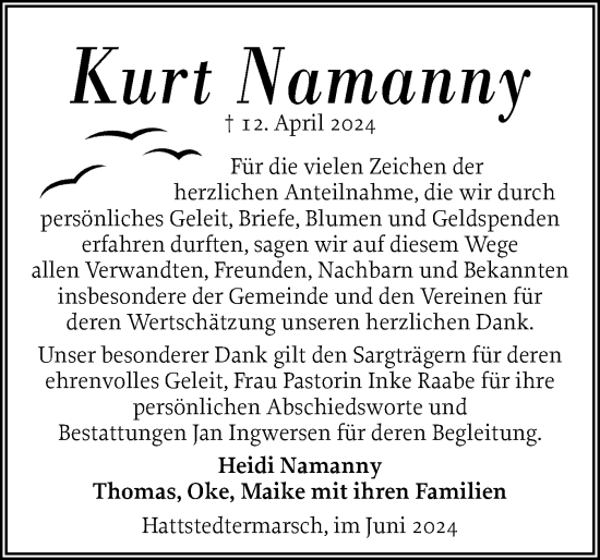 Traueranzeige von Kurt Namanny von Husumer Nachrichten, Nordfriesland Tageblatt