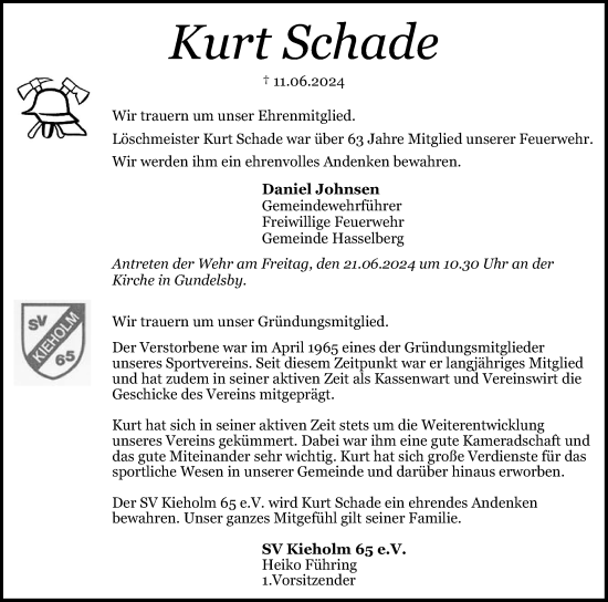 Traueranzeige von Kurt Schade von Schleswiger Nachrichten, Schlei-Bote
