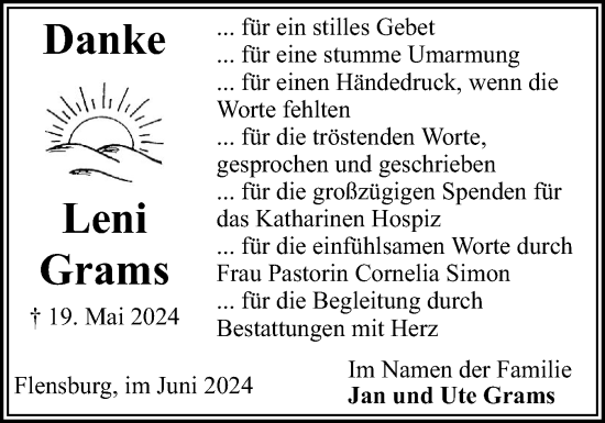 Traueranzeige von Leni Grams von Flensburger Tageblatt