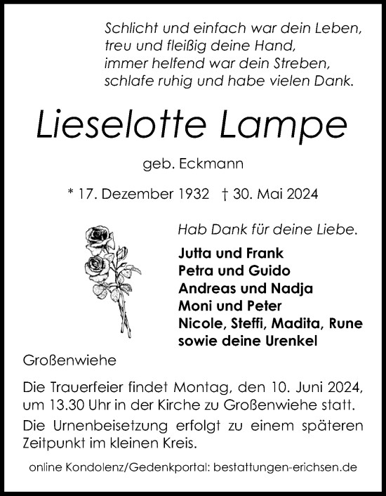 Traueranzeige von Lieselotte Lampe von Flensburger Tageblatt