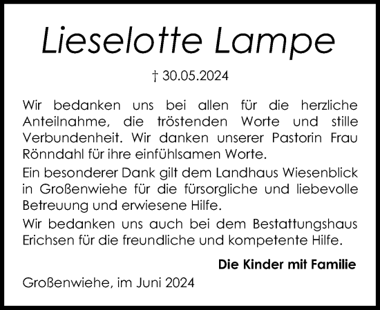 Traueranzeige von Lieselotte Lampe von Flensburger Tageblatt