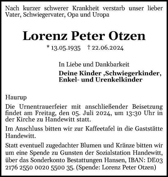 Traueranzeige von Lorenz Peter Otzen von Flensburger Tageblatt