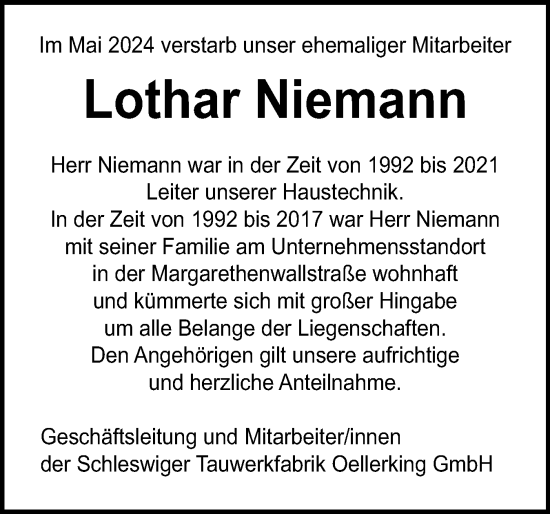 Traueranzeige von Lothar Niemann von Flensburger Tageblatt, Schleswiger Nachrichten, Schlei-Bote