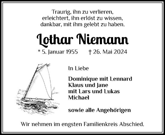 Traueranzeige von Lothar Niemann von Schleswiger Nachrichten, Schlei-Bote