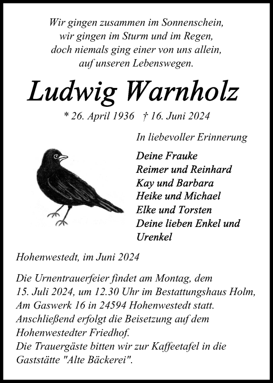 Traueranzeige von Ludwig Warnholz von Schleswig-Holsteinische Landeszeitung