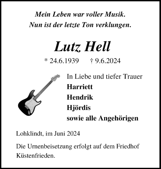 Traueranzeige von Lutz Hell von Schleswig-Holsteinische Landeszeitung