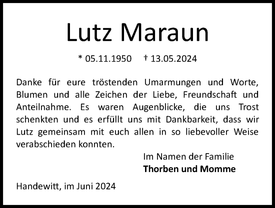 Traueranzeige von Lutz Maraun von Flensburger Tageblatt