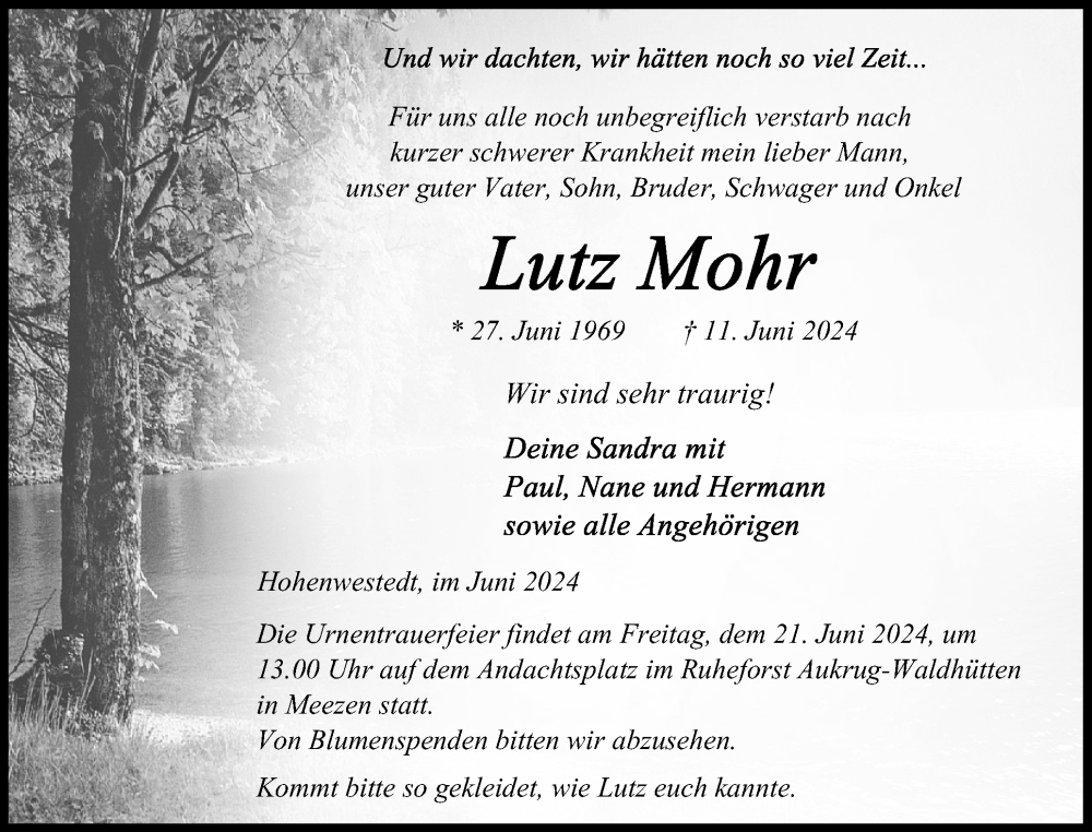  Traueranzeige für Lutz Mohr vom 15.06.2024 aus Schleswig-Holsteinische Landeszeitung