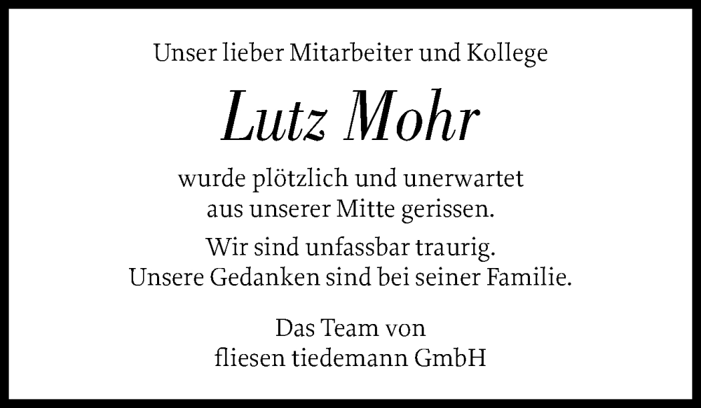  Traueranzeige für Lutz Mohr vom 15.06.2024 aus Schleswig-Holsteinische Landeszeitung