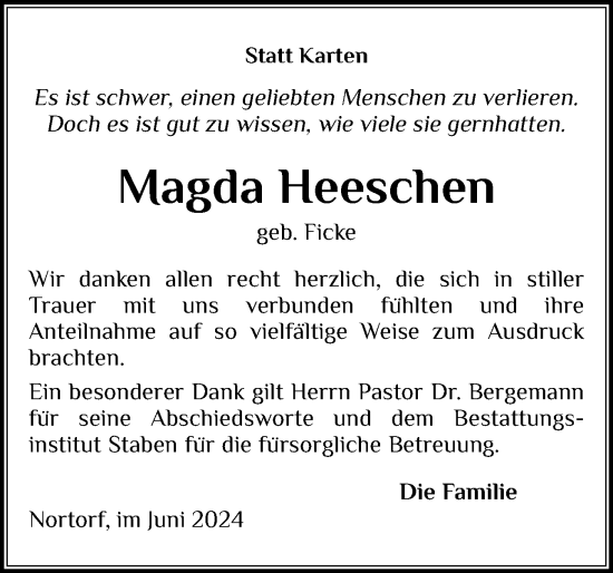 Traueranzeige von Magda Heeschen von Schleswig-Holsteinische Landeszeitung