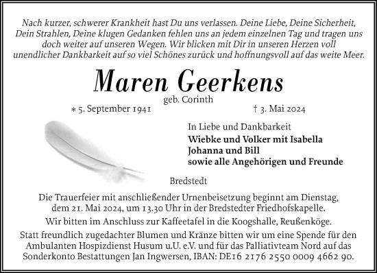 Traueranzeige von Maren Geerkens von Husumer Nachrichten, Nordfriesland Tageblatt