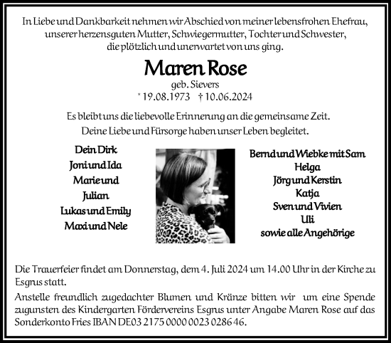 Traueranzeige von Maren Rose von Flensburger Tageblatt