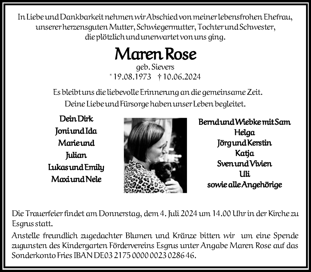  Traueranzeige für Maren Rose vom 29.06.2024 aus Flensburger Tageblatt