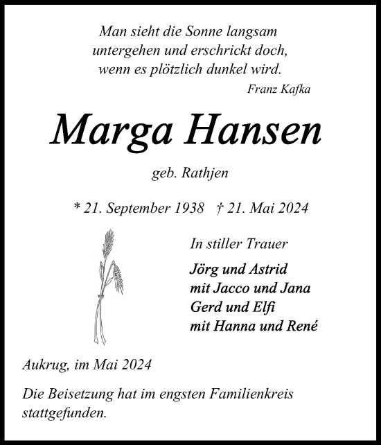 Traueranzeige von Marga Hansen von Schleswig-Holsteinische Landeszeitung