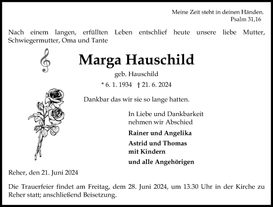Traueranzeige von Marga Hauschild von Norddeutsche Rundschau, Wilstersche Zeitung, Glückstädter Fortuna