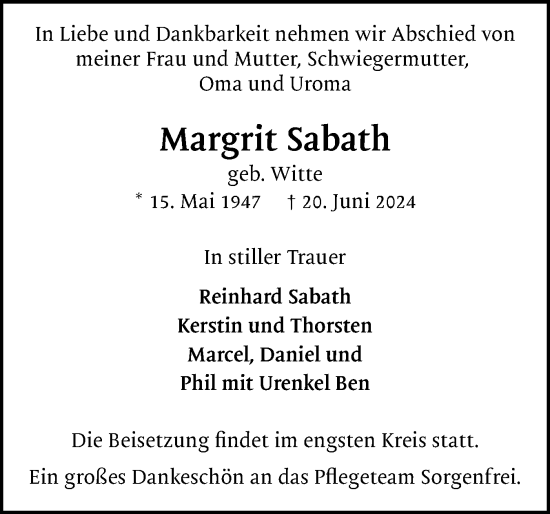 Traueranzeige von Margrit Sabath von Region Pinneberg und tip Pinneberg