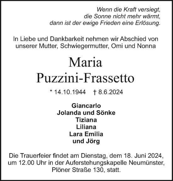 Traueranzeige von Maria Puzzini-Frassetto von Holsteinischer Courier