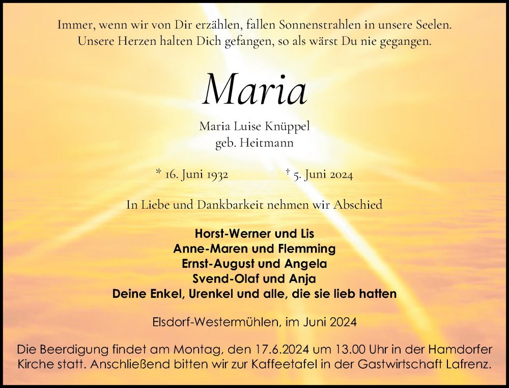  Traueranzeige für Maria Luise Knüppel vom 12.06.2024 aus Schleswig-Holsteinische Landeszeitung