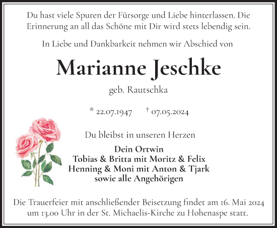 Traueranzeige von Marianne Jeschke von Norddeutsche Rundschau, Wilstersche Zeitung, Glückstädter Fortuna