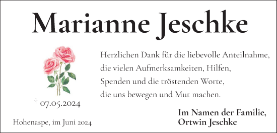 Traueranzeige von Marianne Jeschke von Norddeutsche Rundschau, Wilstersche Zeitung, Glückstädter Fortuna