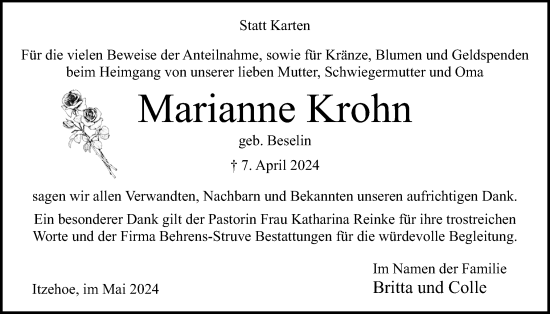 Traueranzeige von Marianne Krohn von Norddeutsche Rundschau, Wilstersche Zeitung, Glückstädter Fortuna