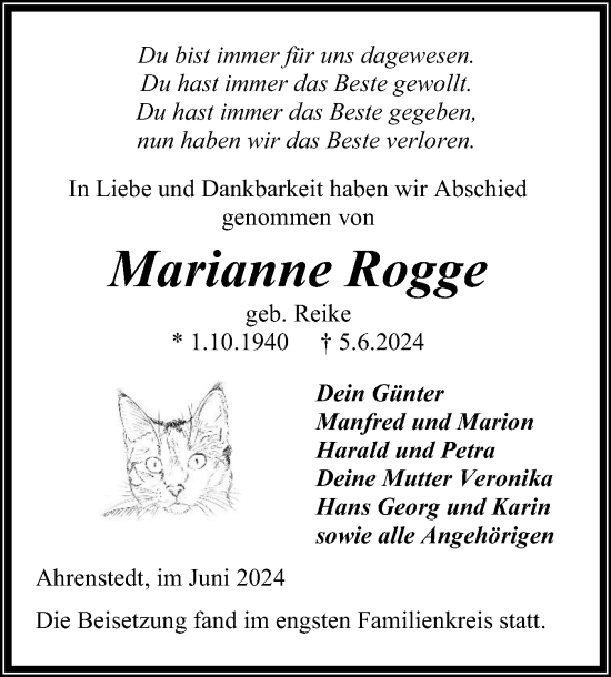Traueranzeige von Marianne Rogge von Schleswig-Holsteinische Landeszeitung