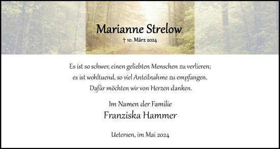 Traueranzeige von Marianne Strelow von Uetersener Nachrichten, Der tip am Wochenende