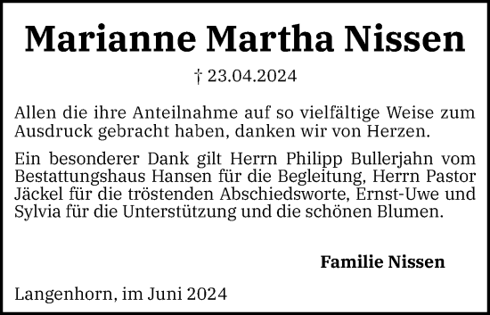 Traueranzeige von Marianne Martha Nissen von Husumer Nachrichten, Nordfriesland Tageblatt