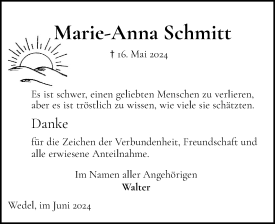 Traueranzeige von Marie-Anna Schmitt von Wedel-Schulauer Tageblatt, tip Wedel-Schulauer Tageblatt, tip Rissener Rundschau