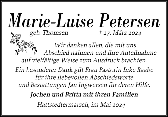 Traueranzeige von Marie-Luise Petersen von Husumer Nachrichten, Nordfriesland Tageblatt