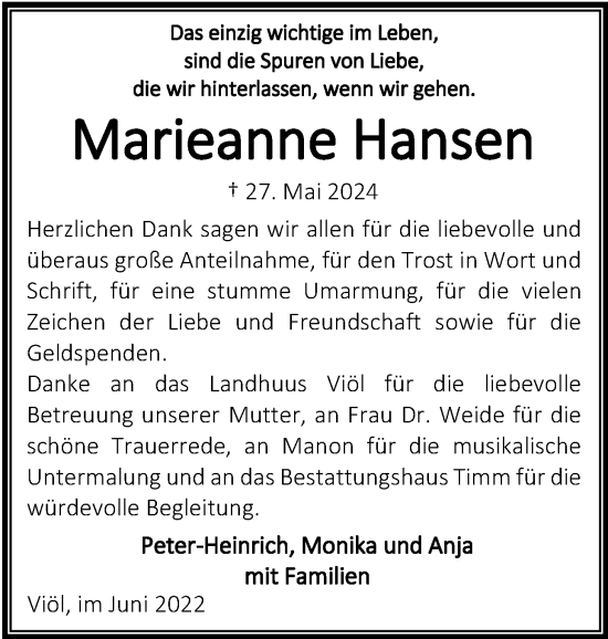 Traueranzeige von Marieanne Hansen von Husumer Nachrichten, Nordfriesland Tageblatt