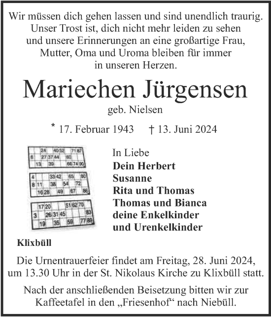 Traueranzeige von Mariechen Jürgensen von Husumer Nachrichten, Nordfriesland Tageblatt