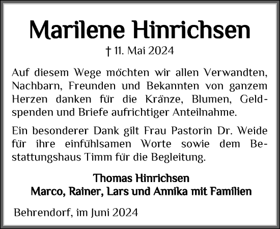 Traueranzeige von Marilene Hinrichsen von Husumer Nachrichten, Nordfriesland Tageblatt