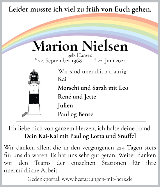Traueranzeige von Marion Nielsen von Flensburger Tageblatt