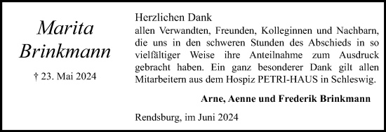 Traueranzeige von Marita Brinkmann von Schleswig-Holsteinische Landeszeitung