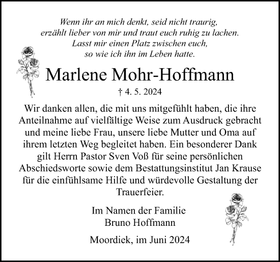 Traueranzeige von Marlene Mohr-Hoffmann von Norddeutsche Rundschau, Wilstersche Zeitung, Glückstädter Fortuna
