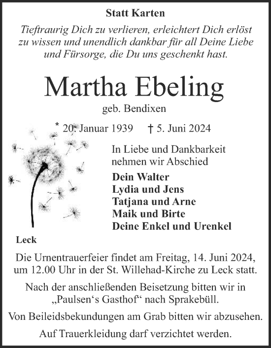 Traueranzeige von Martha Ebeling von Husumer Nachrichten, Nordfriesland Tageblatt