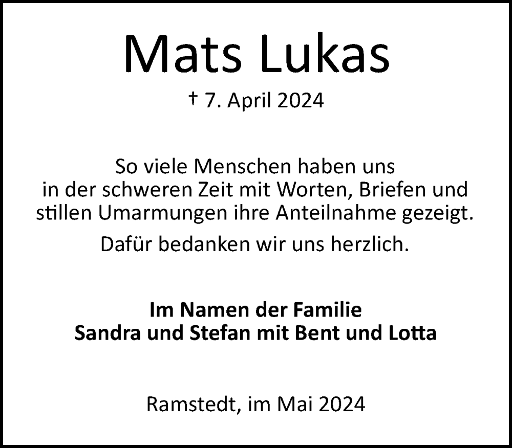  Traueranzeige für Mats Lukas vom 31.05.2024 aus Husumer Nachrichten, Nordfriesland Tageblatt
