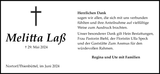 Traueranzeige von Melitta Laß von Schleswig-Holsteinische Landeszeitung