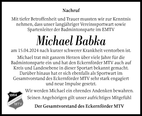 Traueranzeige von Michael Babka von Eckernförder Zeitung, Hallo Eckernförde