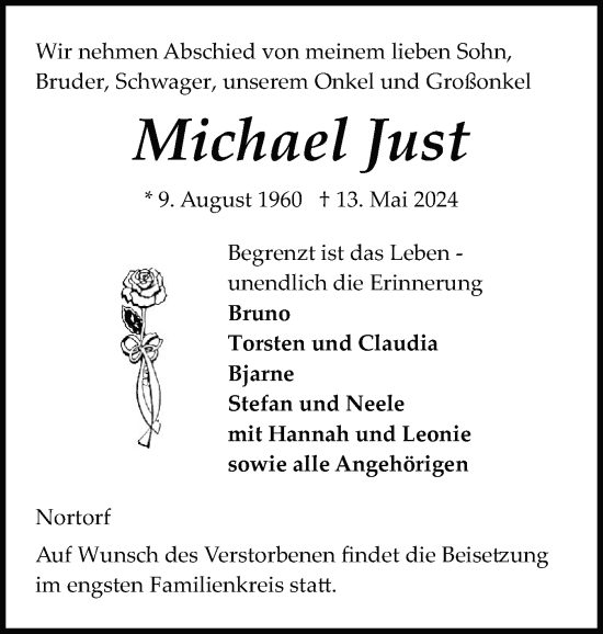 Traueranzeige von Michael Just von Schleswig-Holsteinische Landeszeitung