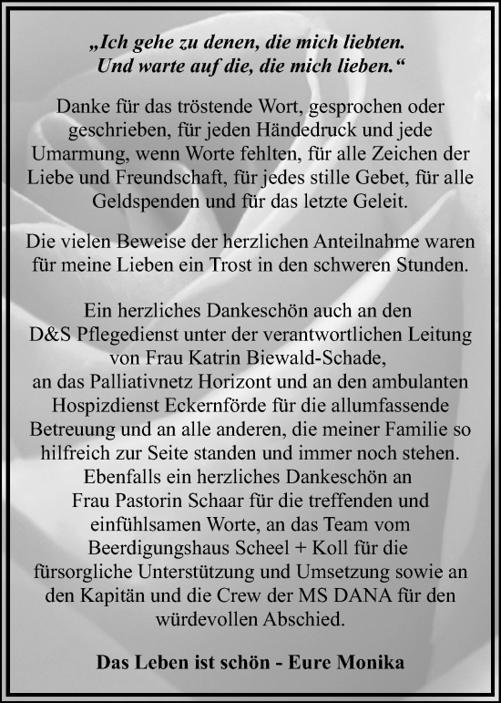 Traueranzeige von Monika  von Eckernförder Zeitung, Hallo Eckernförde