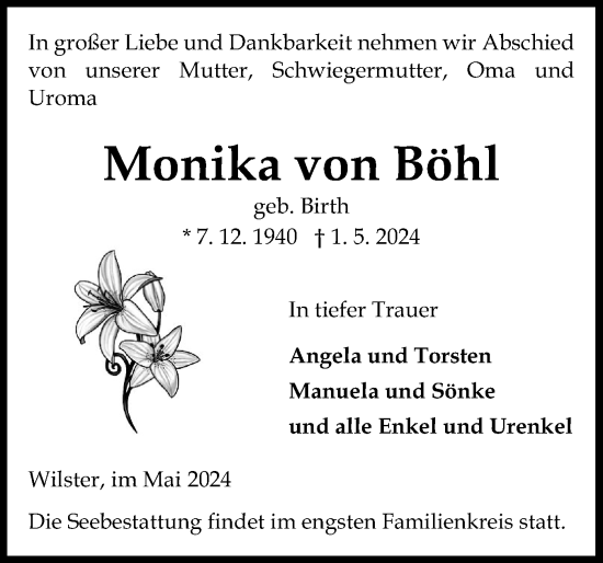 Traueranzeige von Monika von Böhl von Norddeutsche Rundschau, Wilstersche Zeitung, Glückstädter Fortuna