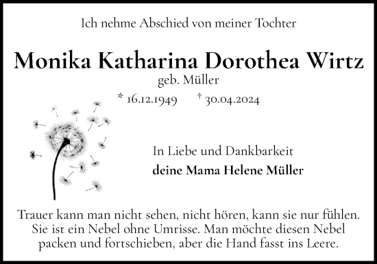 Traueranzeige von Monika Katharina Dorothea Wirtz von Eckernförder Zeitung, Hallo Eckernförde