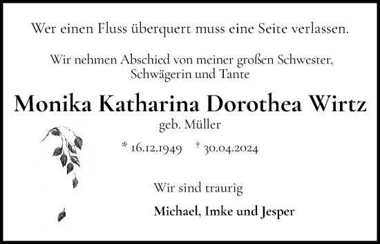 Traueranzeige von Monika Katharina Dorothea Wirtz von Eckernförder Zeitung, Hallo Eckernförde