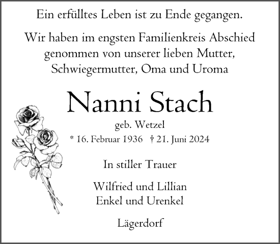 Traueranzeige von Nanni Stach von Norddeutsche Rundschau, Wilstersche Zeitung, Glückstädter Fortuna