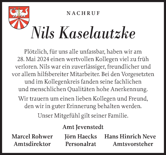 Traueranzeige von Nils  Kaselautzke von Schleswig-Holsteinische Landeszeitung