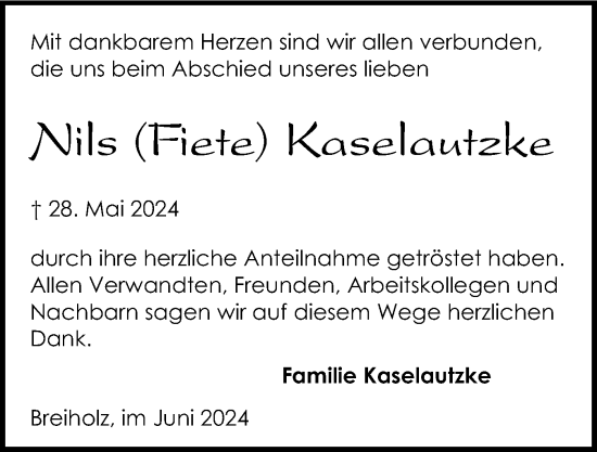 Traueranzeige von Nils  Kaselautzke von Schleswig-Holsteinische Landeszeitung