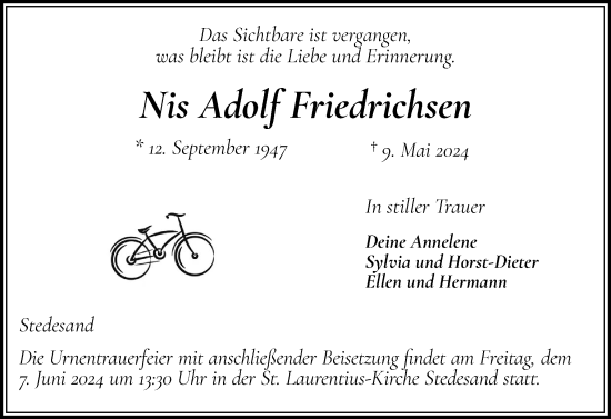 Traueranzeige von Nis Adolf Friedrichsen von Husumer Nachrichten, Nordfriesland Tageblatt