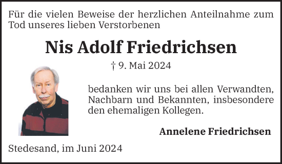 Traueranzeige von Nis Adolf Friedrichsen von Husumer Nachrichten, Nordfriesland Tageblatt